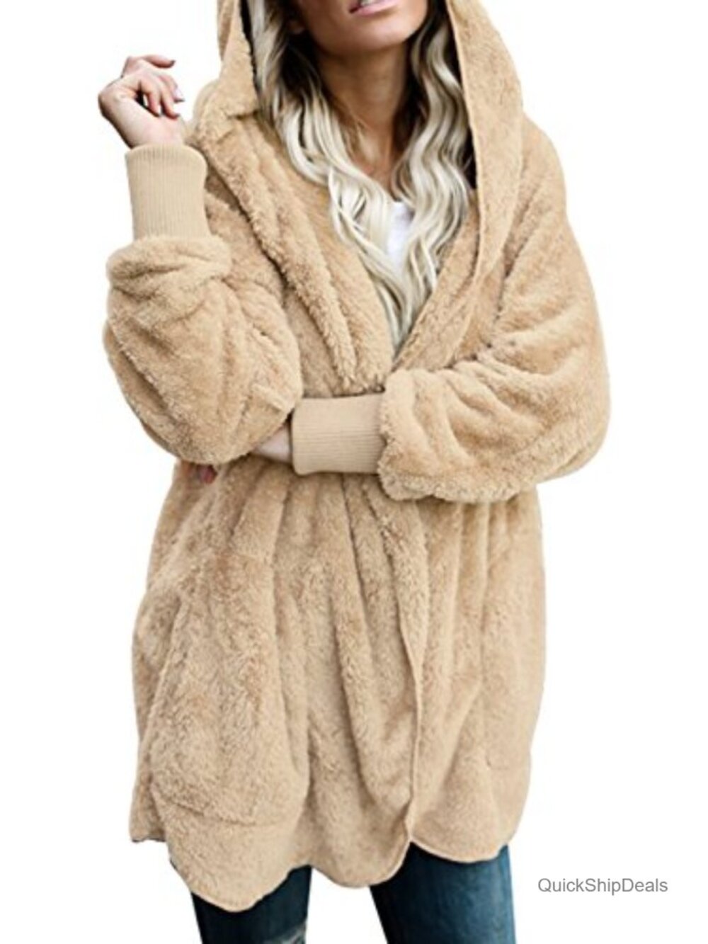 Fuzzy Fleece Open Front Hooded Cardigan Jacket Coat with Pockets